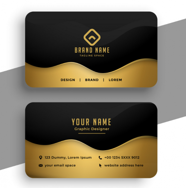 Desain kartu nama dengan aksen warna emas yang mencolok